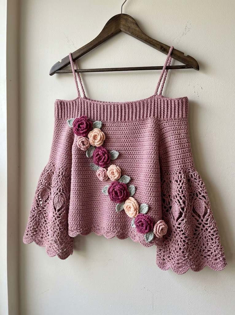 Dusty Rose Romantic Crochet Bell Top Pattern (PDF Download)