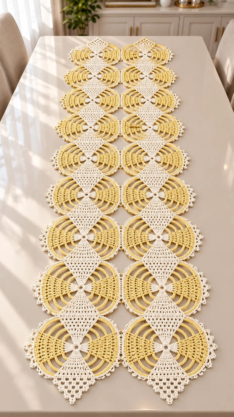 Golden Daisy Lace Runner Crochet Pattern displayed on a dining table