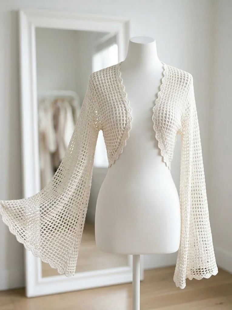 Ivory Bridal Mesh Crochet Bell Sleeve Shrug Pattern