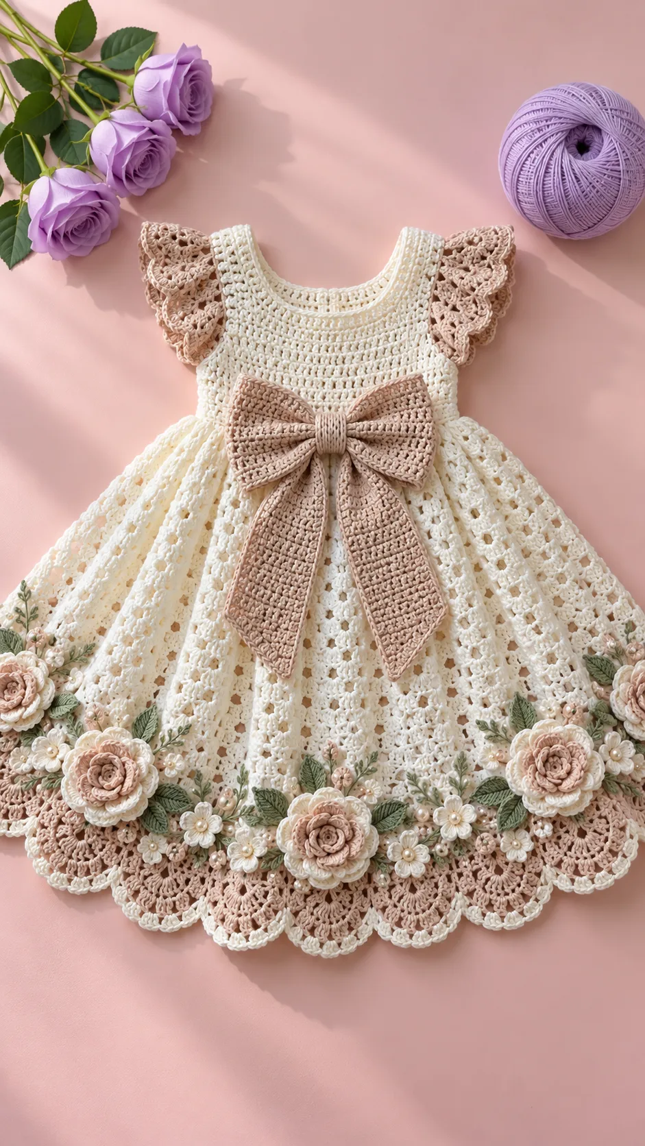 Ivory Champagne Rose Bow Dress Crochet Pattern