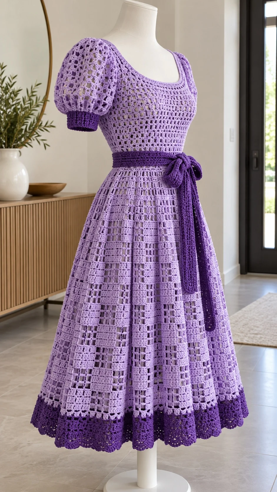 Lilac Ribbon Lattice Dress Crochet Pattern displayed on a mannequin