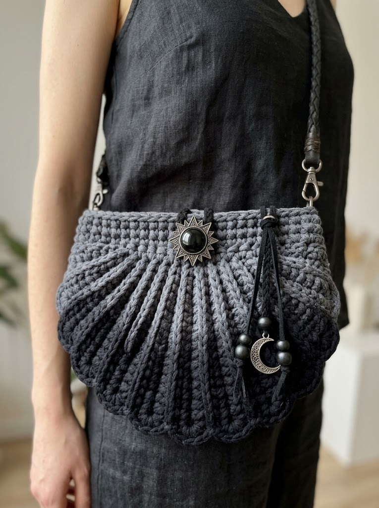 Midnight Black Boho Shell Bag Free Crochet Pattern