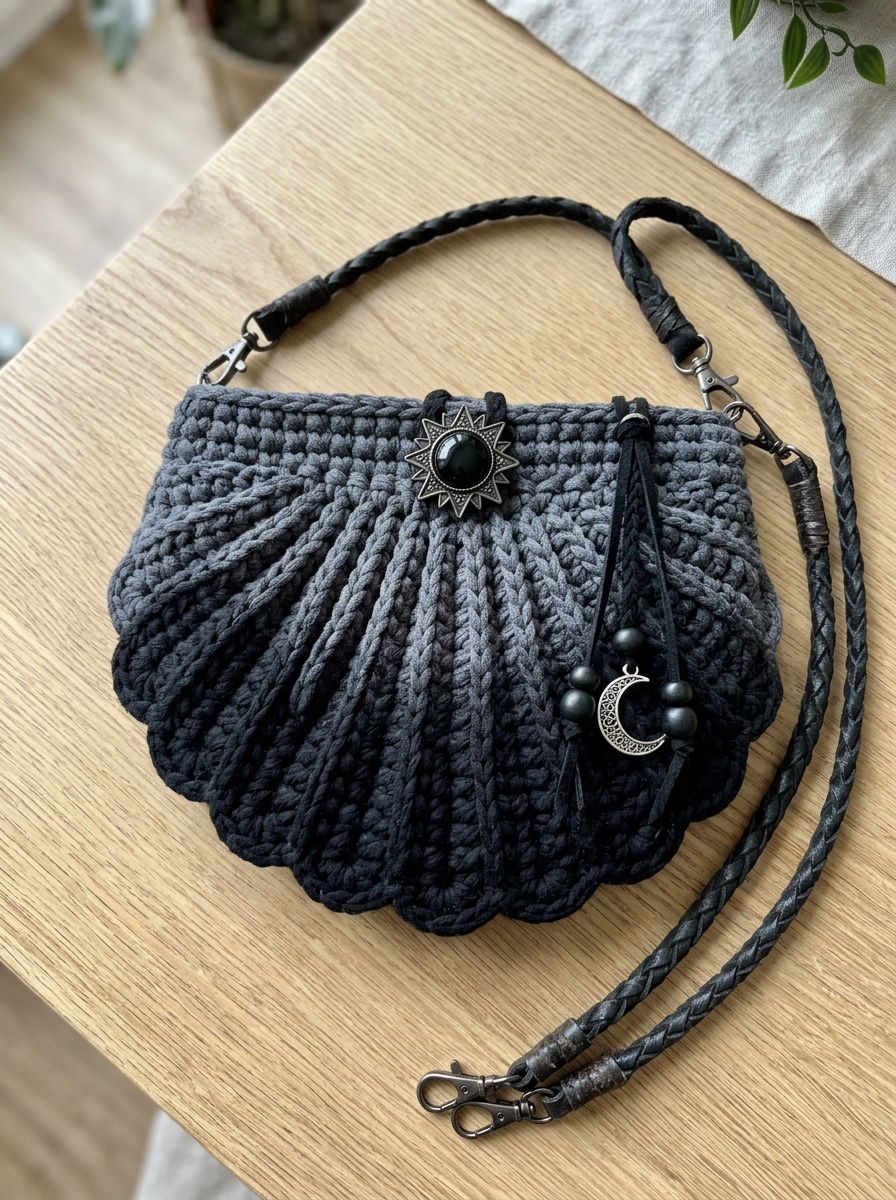 Midnight Black Boho Shell Bag Free Crochet Pattern