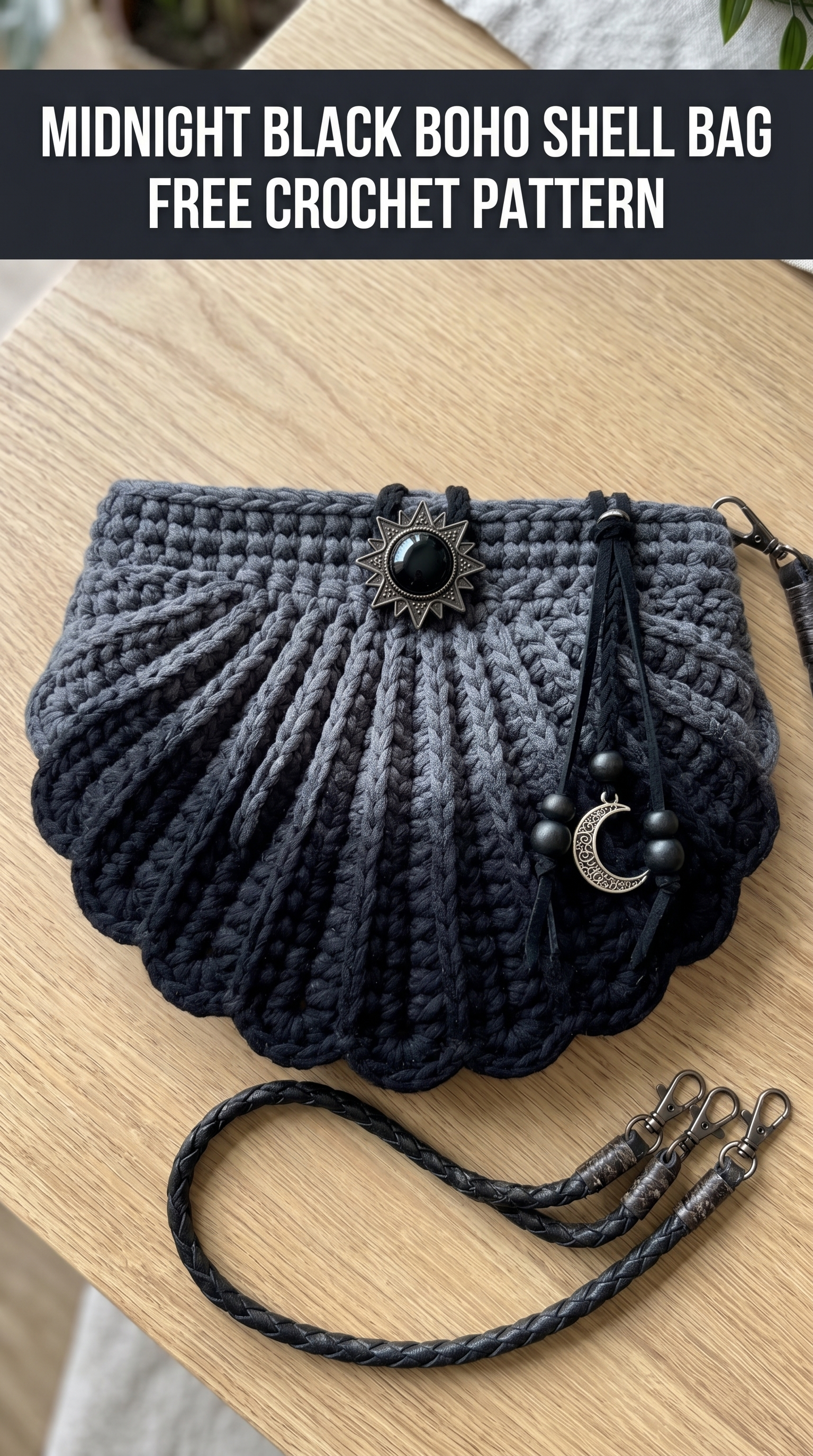 Midnight Black Boho Shell Bag Free Crochet Pattern