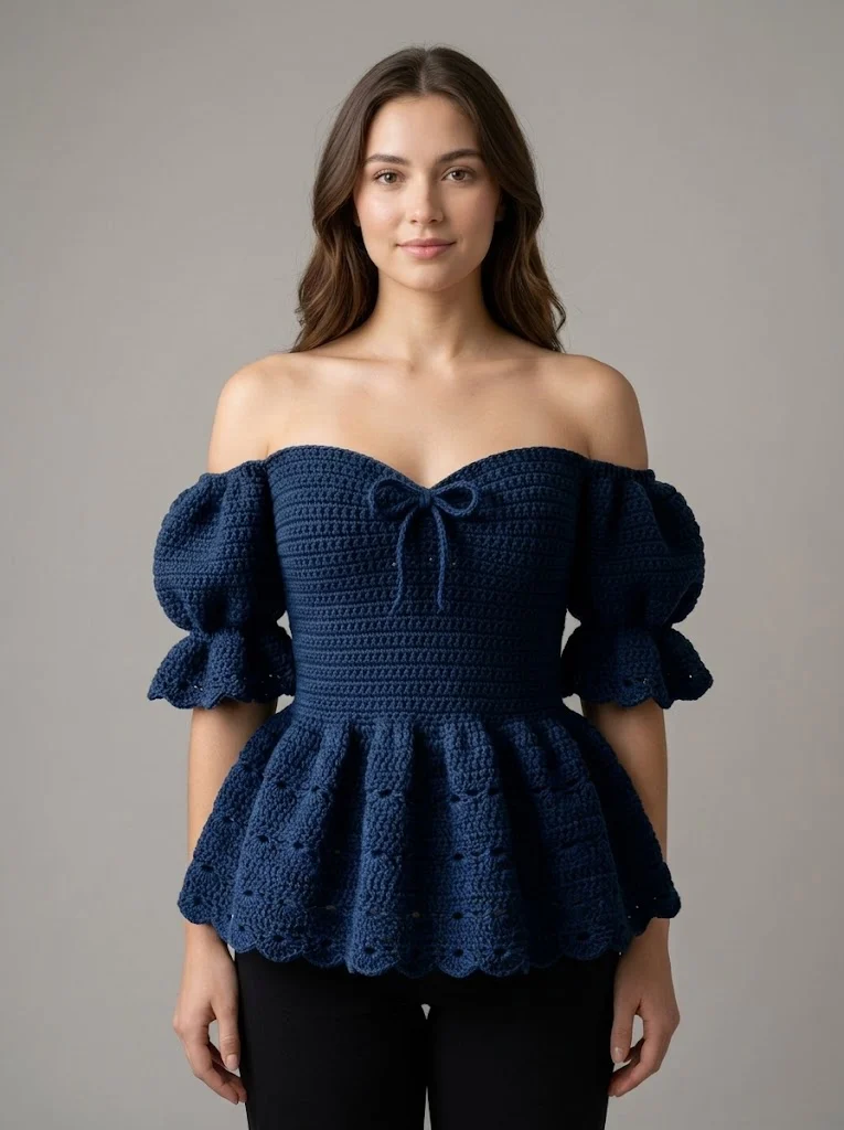 Midnight Navy Blue Peplum Crochet Top Free Pattern