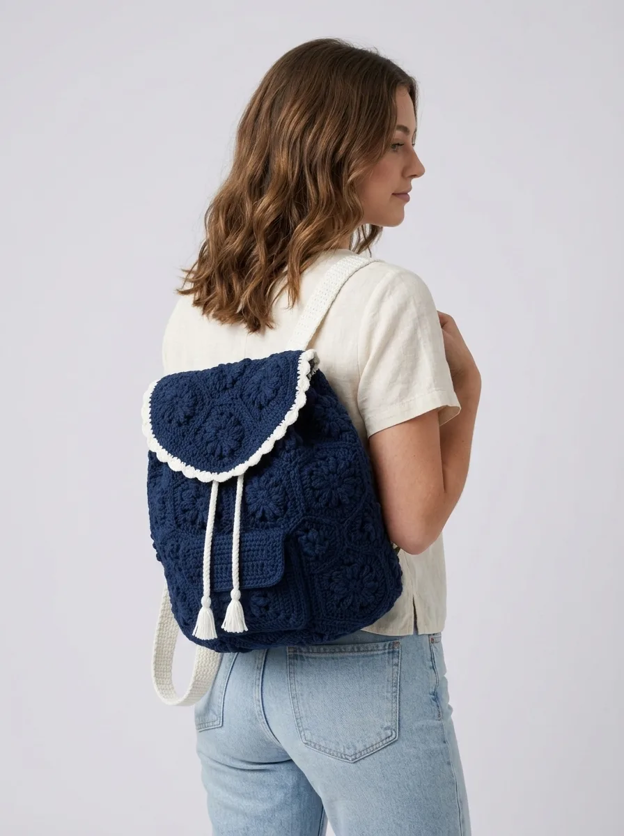 Midnight Navy Classic Granny Backpack Free Crochet Pattern
