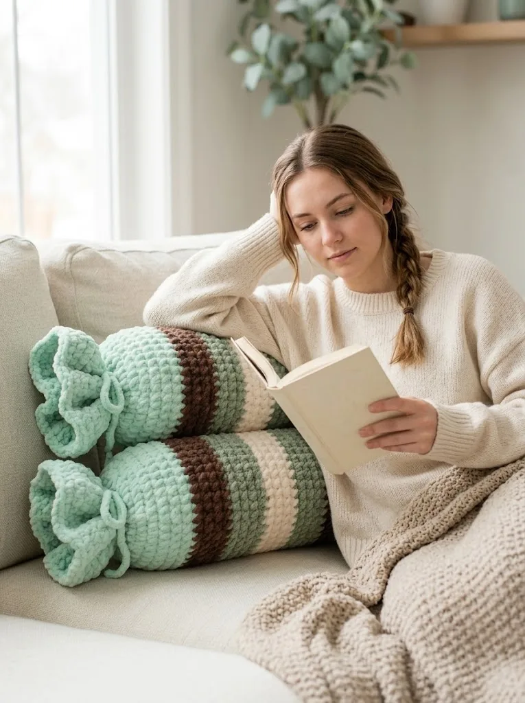 Mint Chocolate Candy Bolster Pillow Free Crochet Pattern