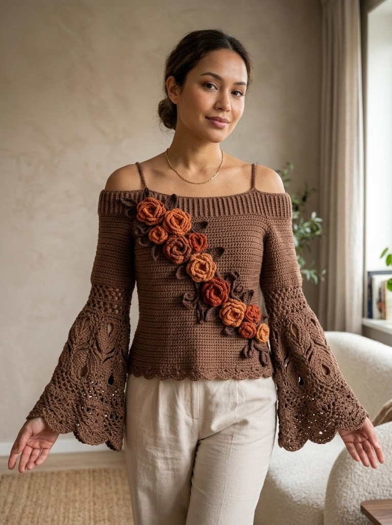 Mocha Autumn Rose Crochet Top Free Pattern