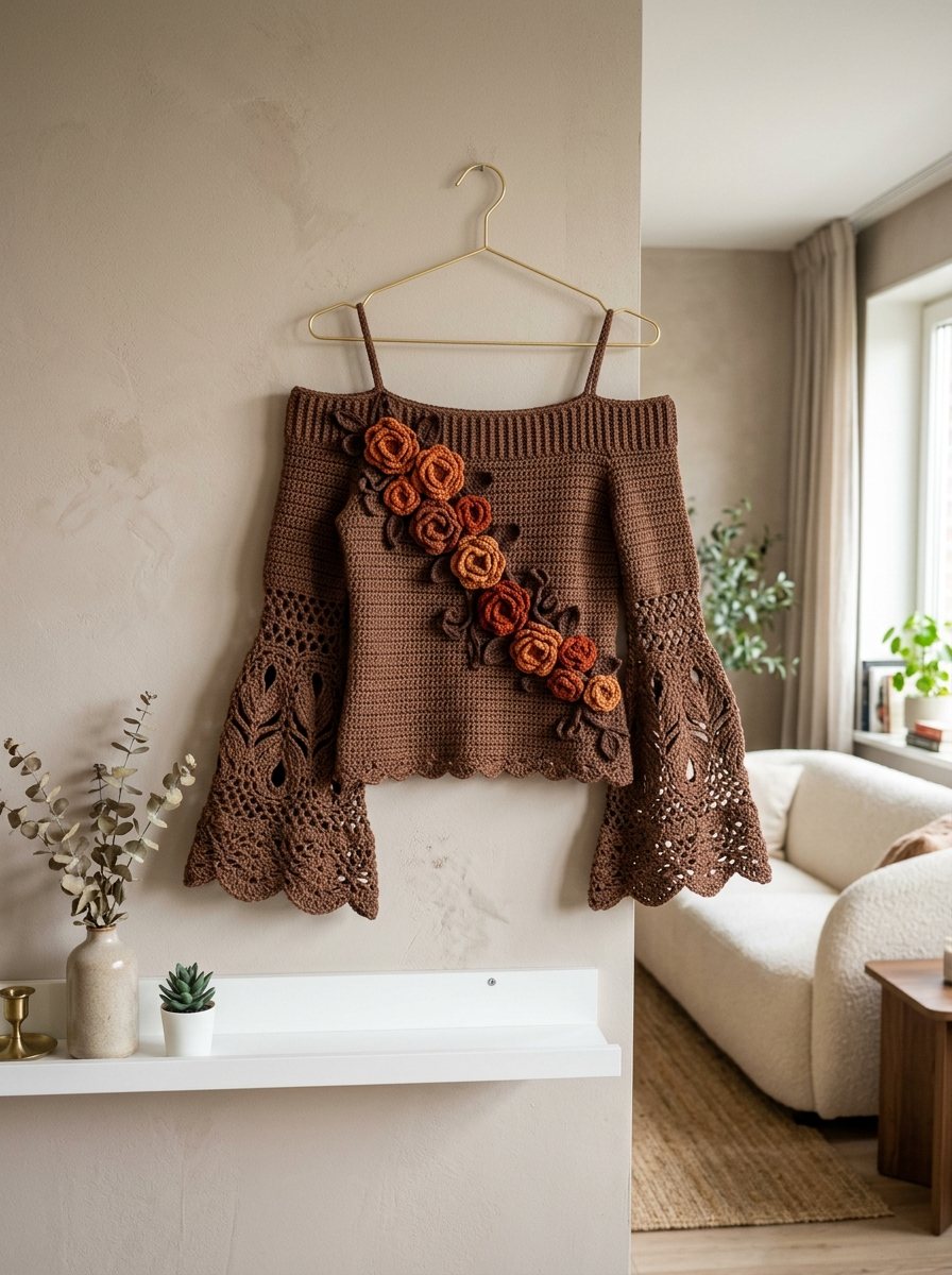 Mocha Autumn Rose Crochet Top Free Pattern