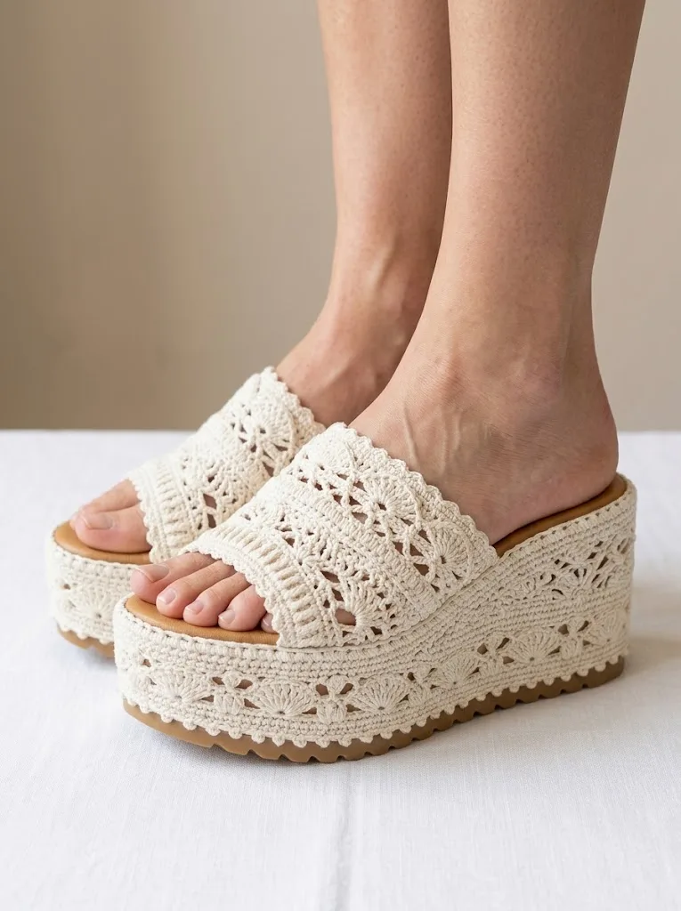 Monochrome Cream White Crochet Platform Wedge Sandals Pattern