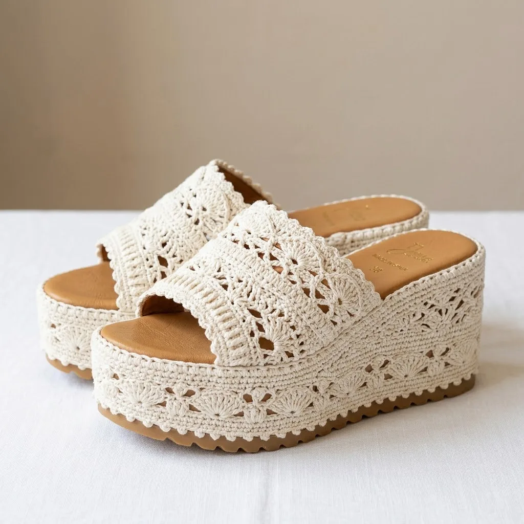 Monochrome Cream White Crochet Platform Wedge Sandals Pattern