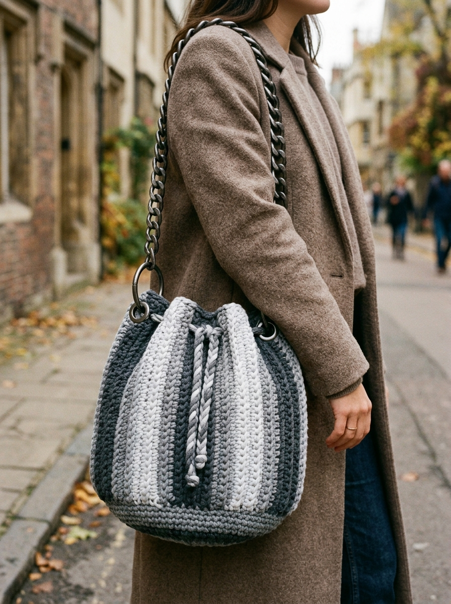 Monochrome Gray Drawstring Bucket Bag Free Crochet Pattern