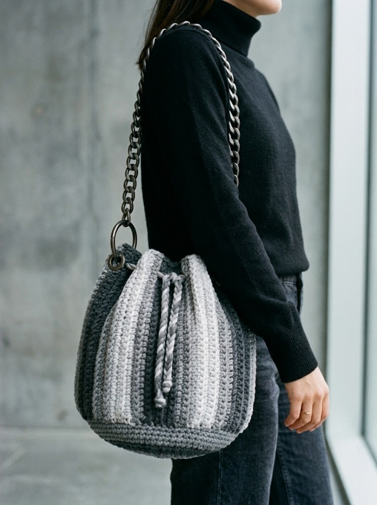 Monochrome Gray Drawstring Bucket Bag Free Crochet Pattern
