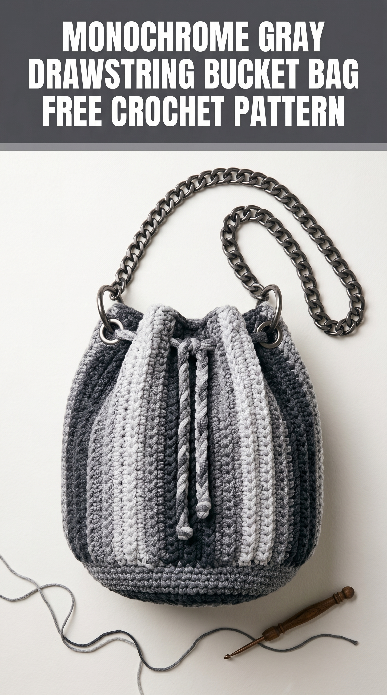 Monochrome Gray Drawstring Bucket Bag Free Crochet Pattern