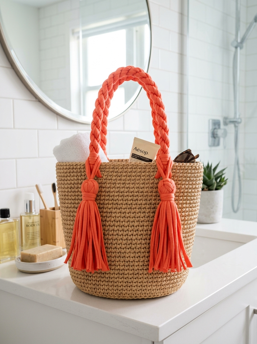 Natural Raffia Summer Tote with Coral Fabric Tassels Pattern