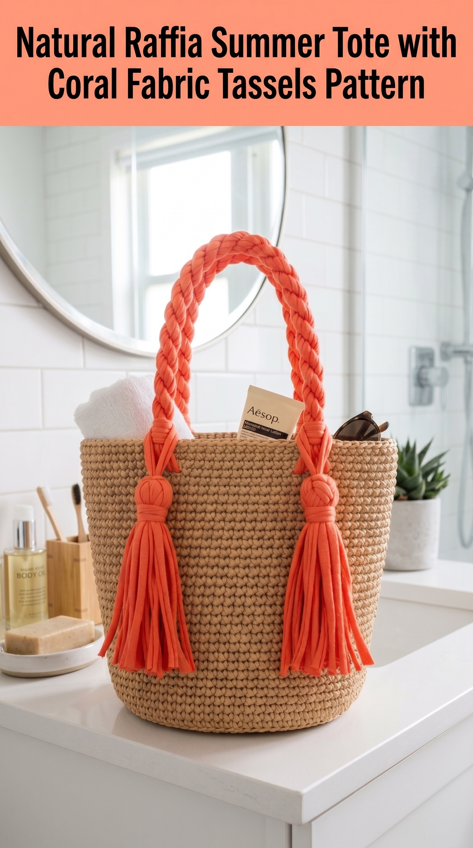 Natural Raffia Summer Tote with Coral Fabric Tassels Pattern