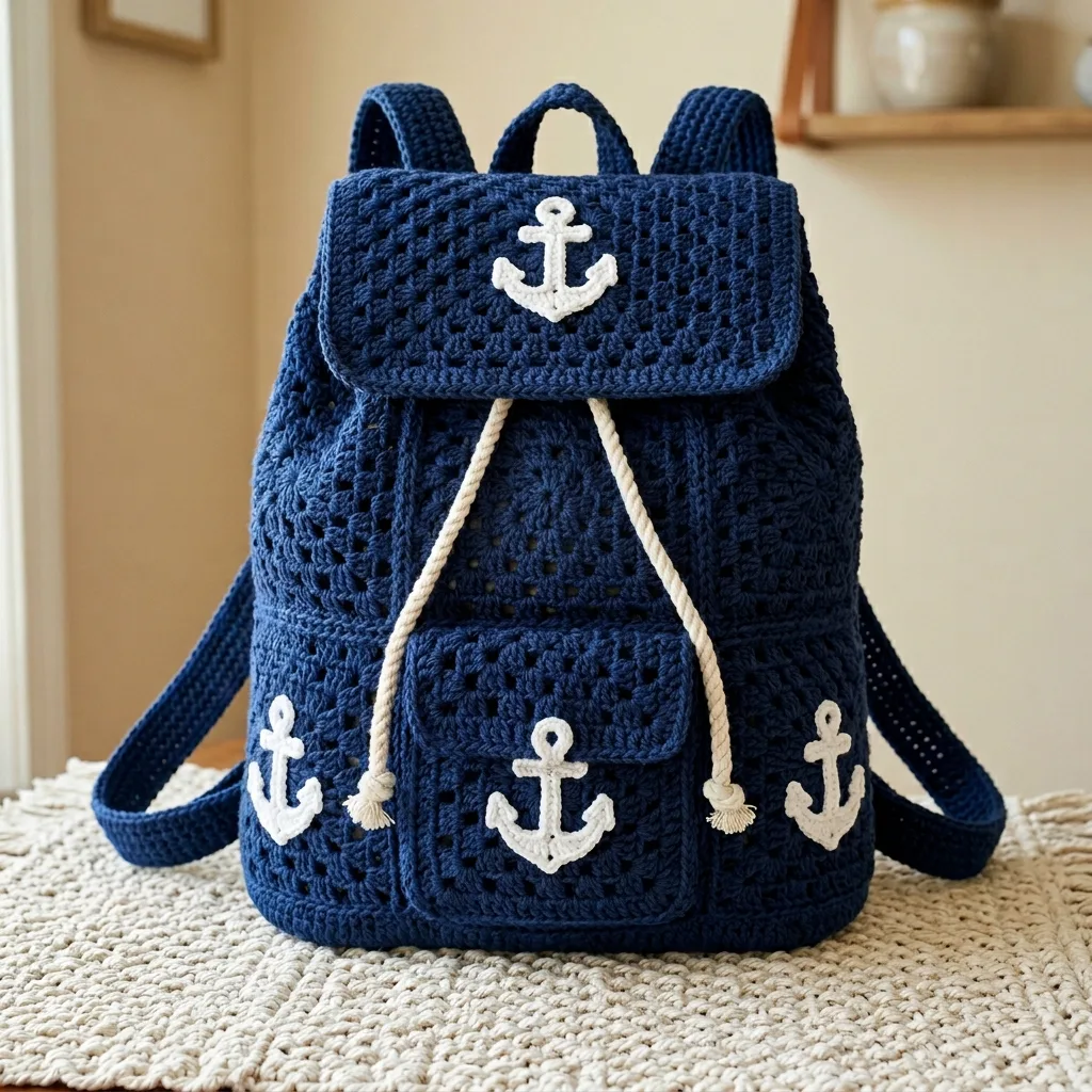 Navy Blue Anchor Nautical Backpack Crochet Pattern