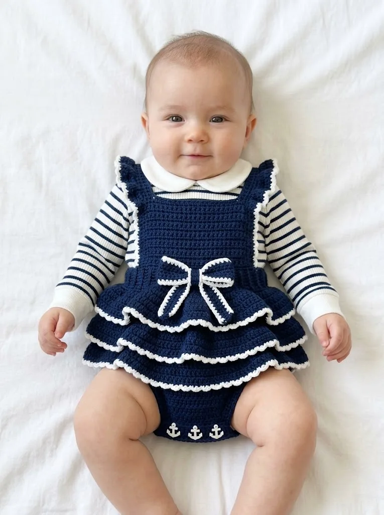 Navy Blue Nautical Baby Romper Free Crochet Pattern