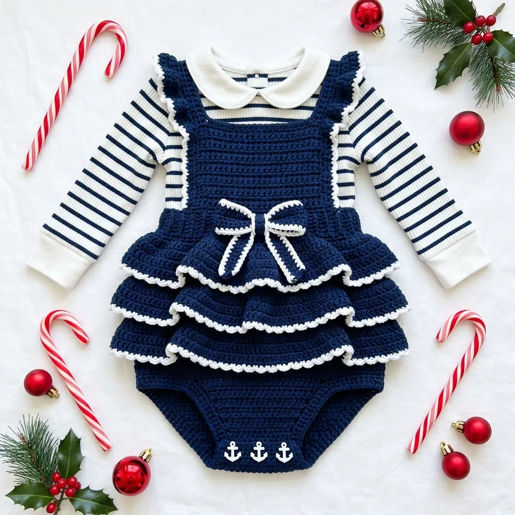 Navy Blue Nautical Baby Romper Free Crochet Pattern