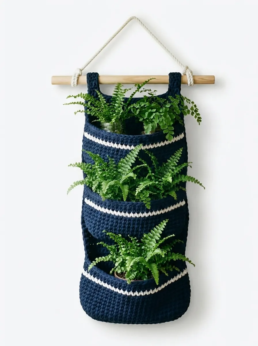 Navy Blue Nautical Hanging Basket Free Crochet Pattern