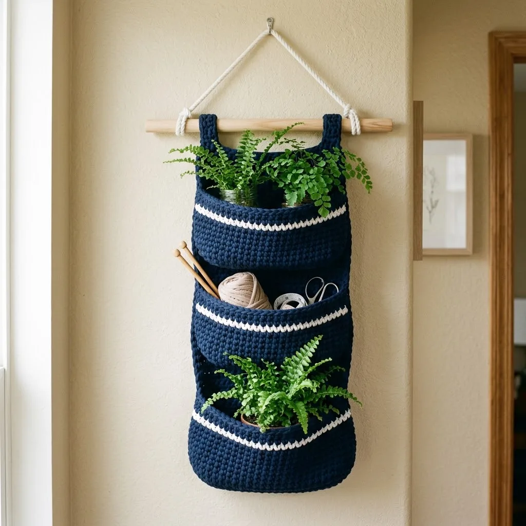 Navy Blue Nautical Hanging Basket Free Crochet Pattern