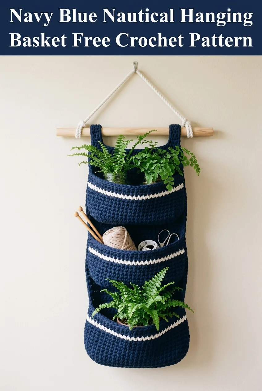 Navy Blue Nautical Hanging Basket Free Crochet Pattern