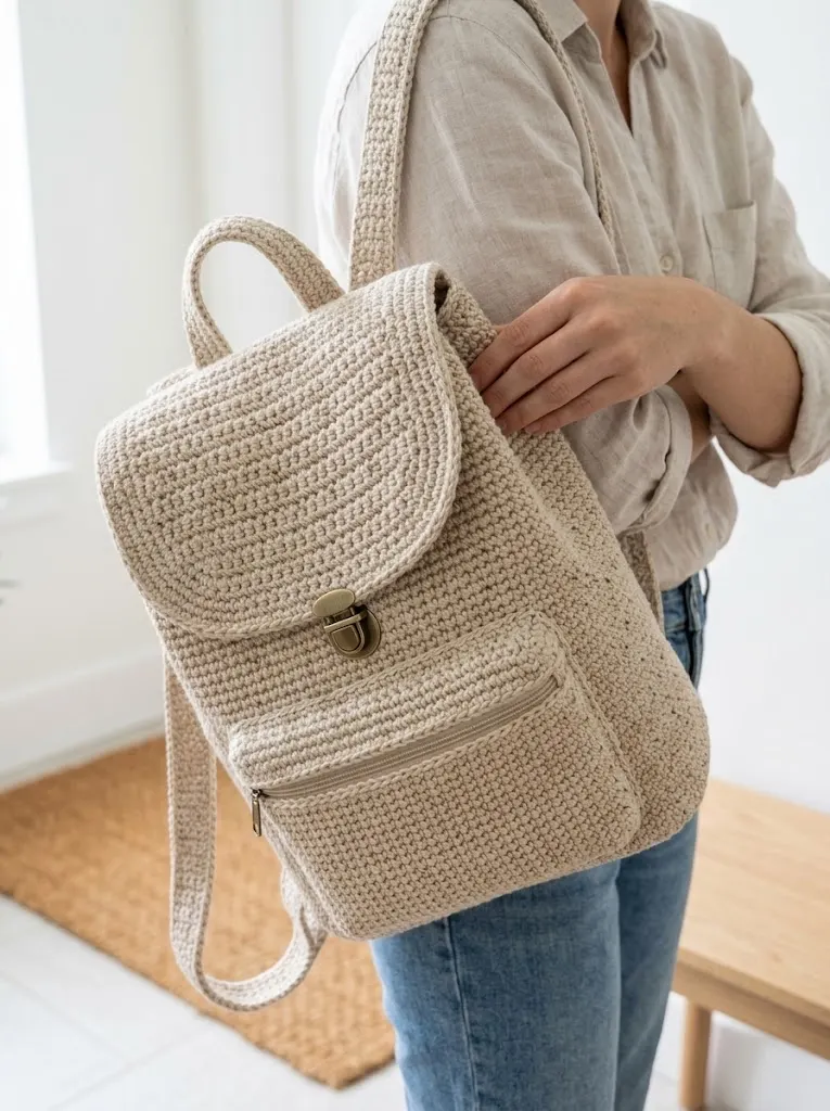 Oatmeal Neutral Chunky Crochet Backpack Free Pattern