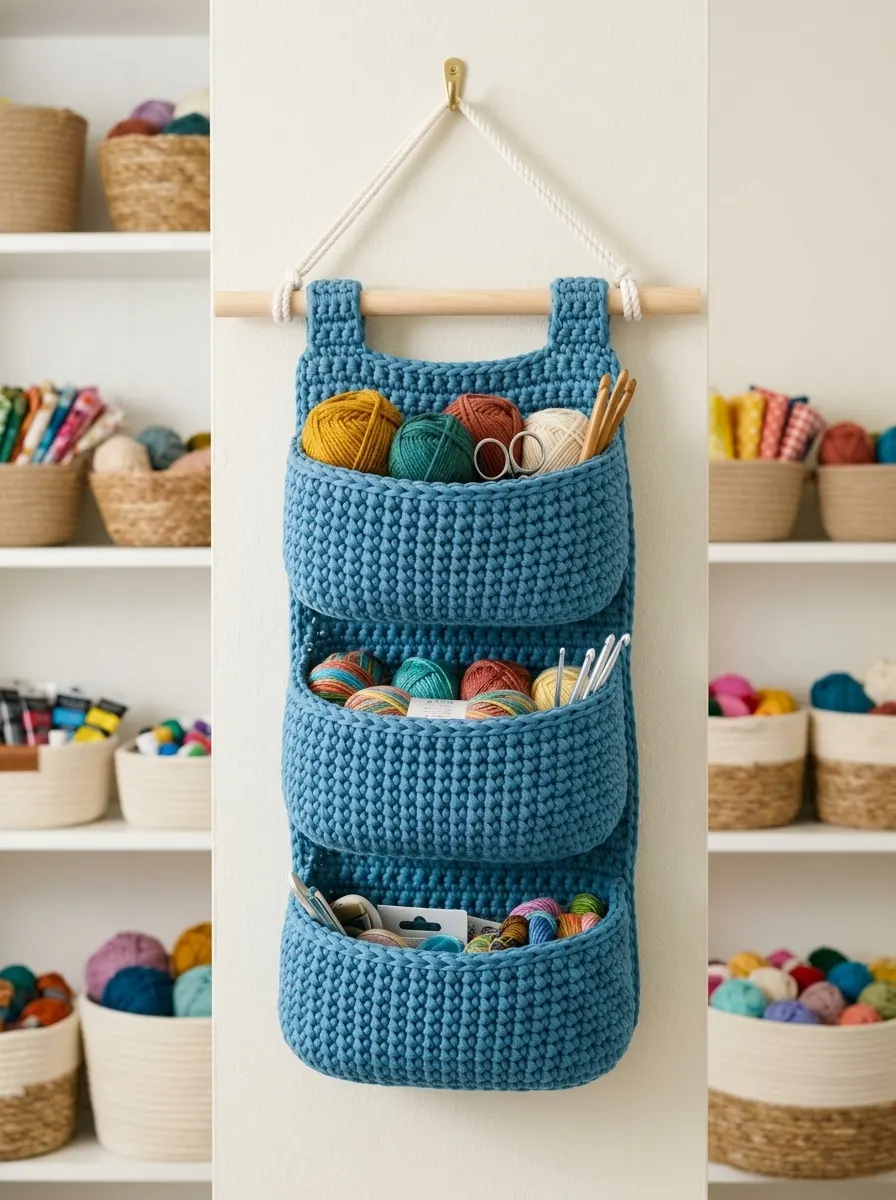 Ocean Blue Craft Room Wall Basket Free Crochet Pattern