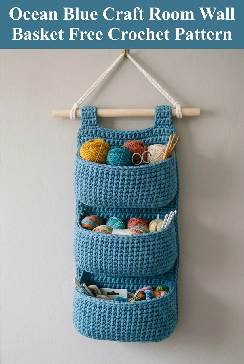 Ocean Blue Craft Room Wall Basket Free Crochet Pattern