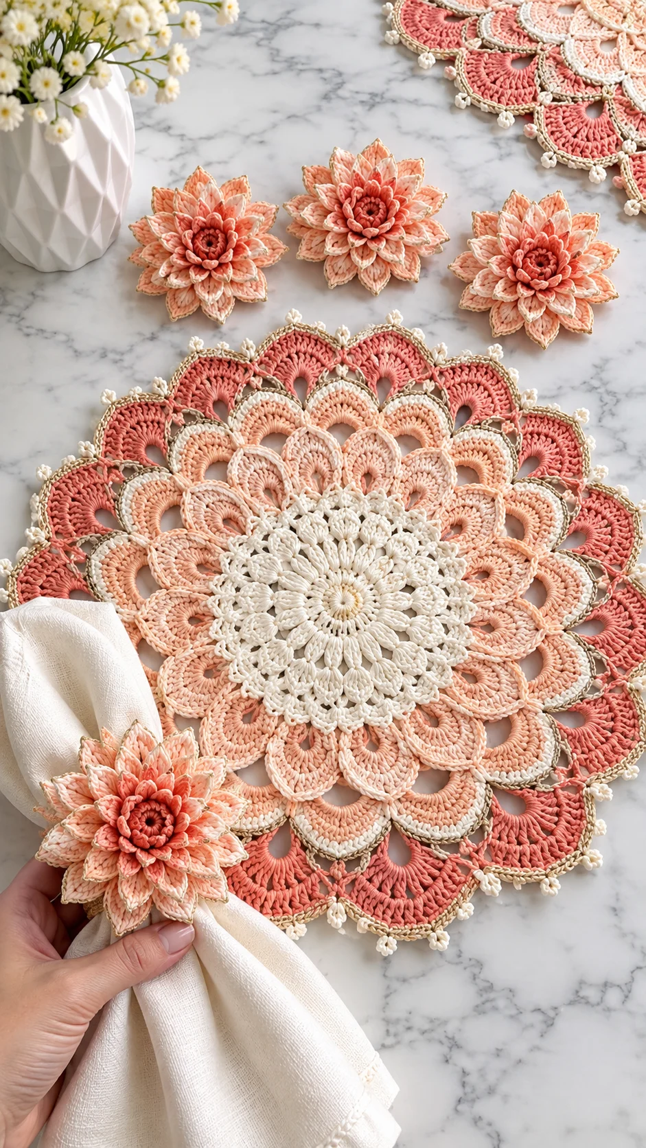 Peach Dahlia Table Set Crochet Pattern