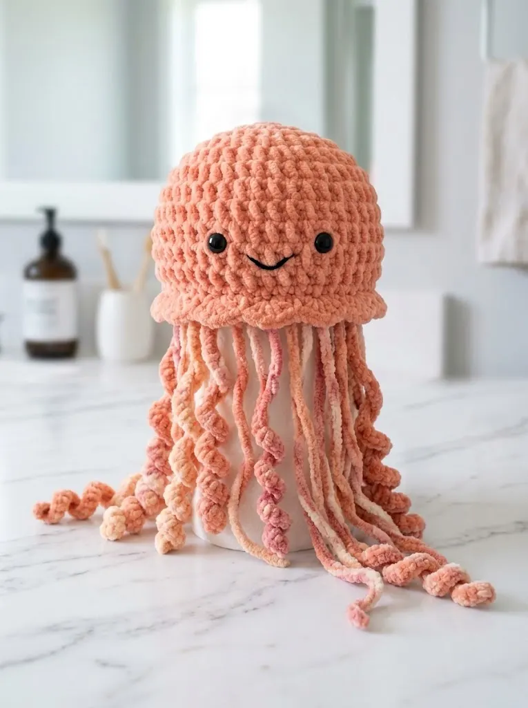 Peachy Coral Jellyfish Toilet Paper Cozy Free Crochet Pattern