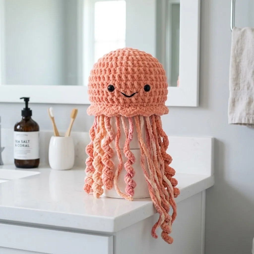 Peachy Coral Jellyfish Toilet Paper Cozy Free Crochet Pattern