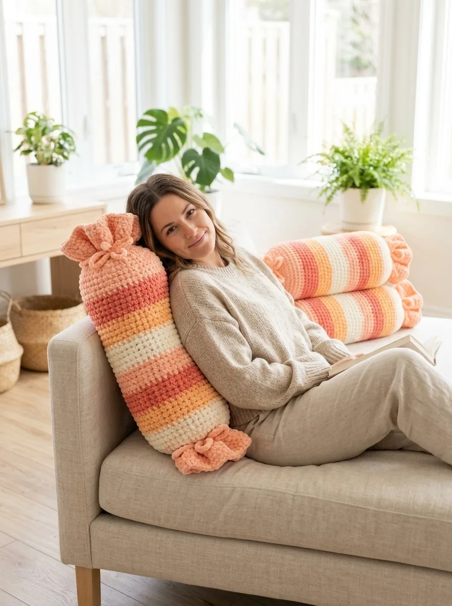 Peachy Keen Candy Bolster Pillow Free Crochet Pattern