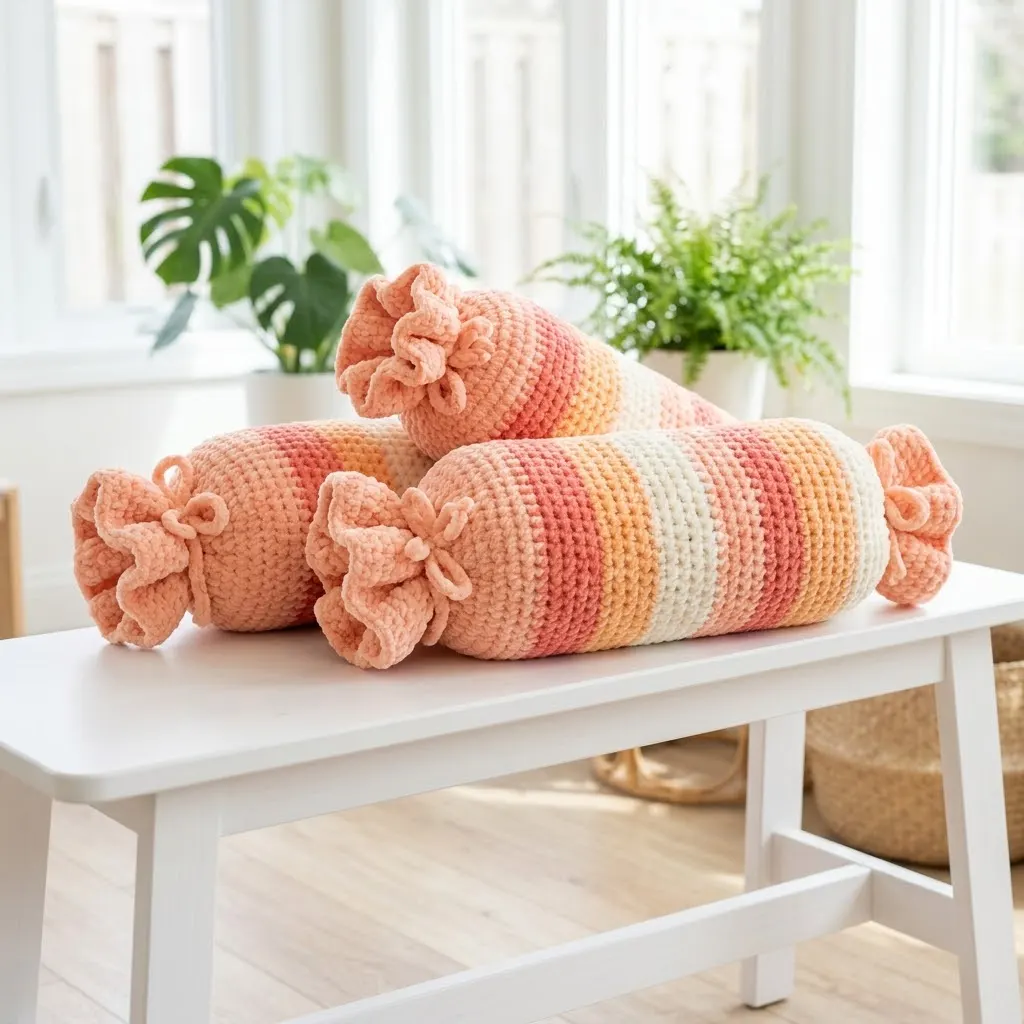 Peachy Keen Candy Bolster Pillow Free Crochet Pattern