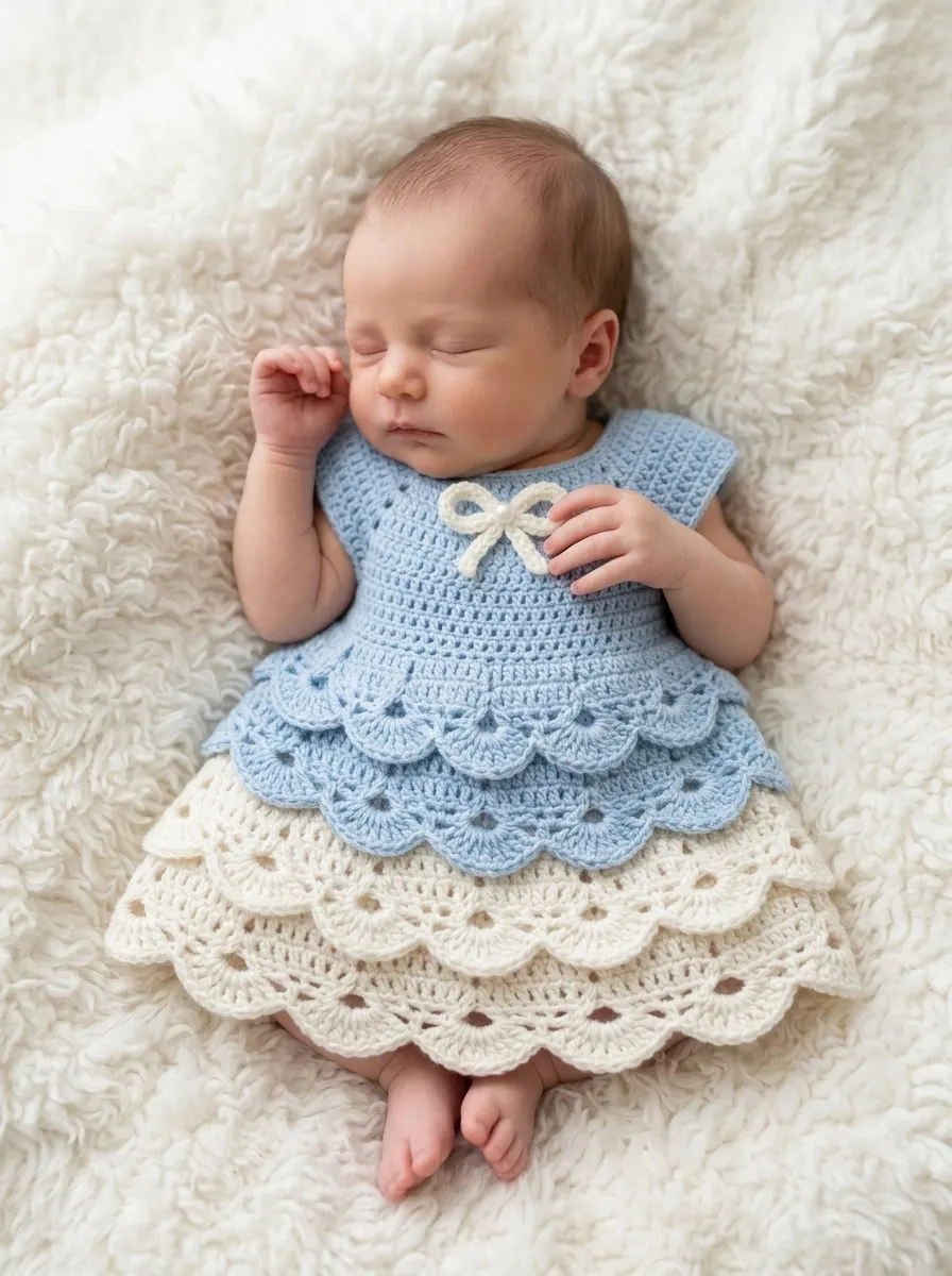 Powder Blue Tiered Baby Dress Free Crochet Pattern