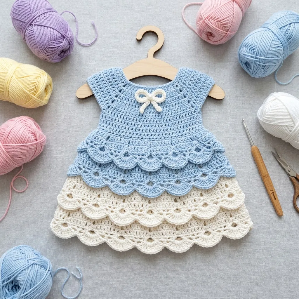 Powder Blue Tiered Baby Dress Free Crochet Pattern