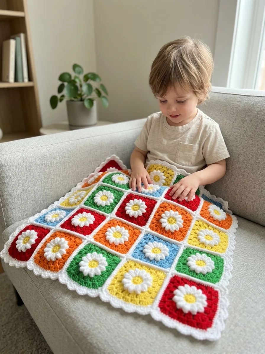 Rainbow Bright Daisy Granny Square Blanket Free Crochet Pattern