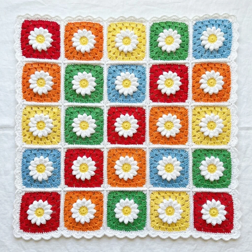 Rainbow Bright Daisy Granny Square Blanket Free Crochet Pattern