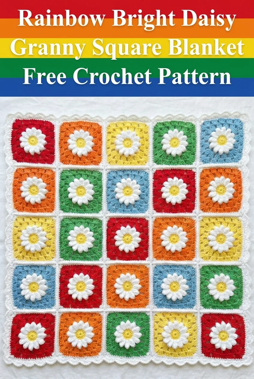 Rainbow Bright Daisy Granny Square Blanket Free Crochet Pattern