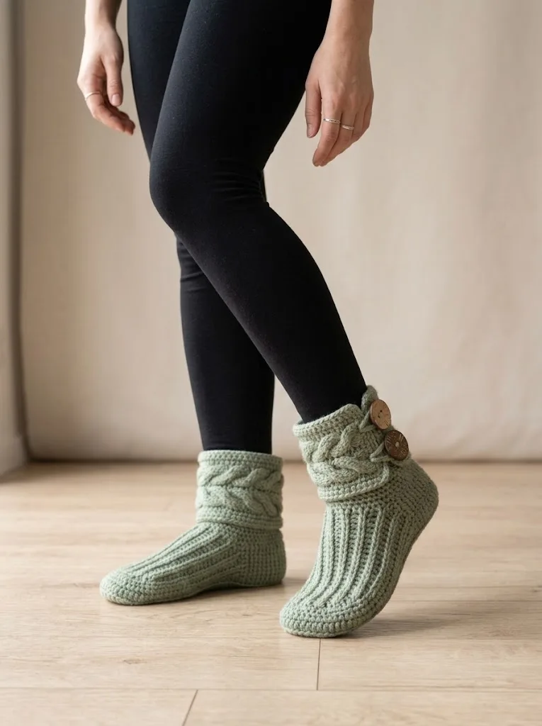 Sage Green Boho Button Slipper Boots Free Crochet Pattern