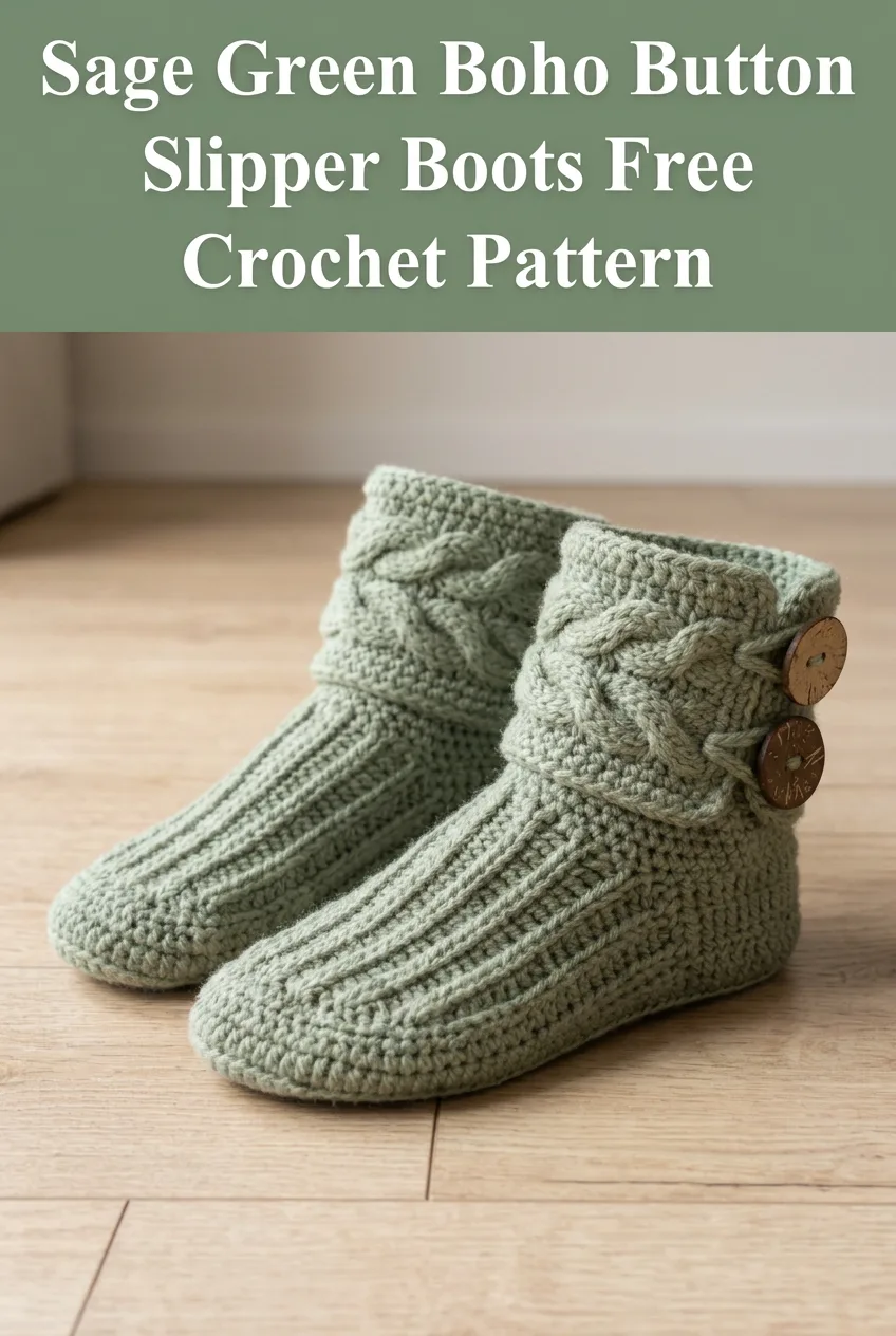 Sage Green Boho Button Slipper Boots Free Crochet Pattern