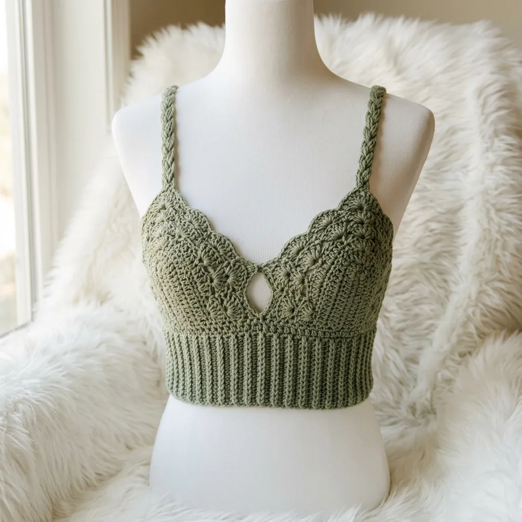 Sage Green Boho Crochet Crop Top on mannequin