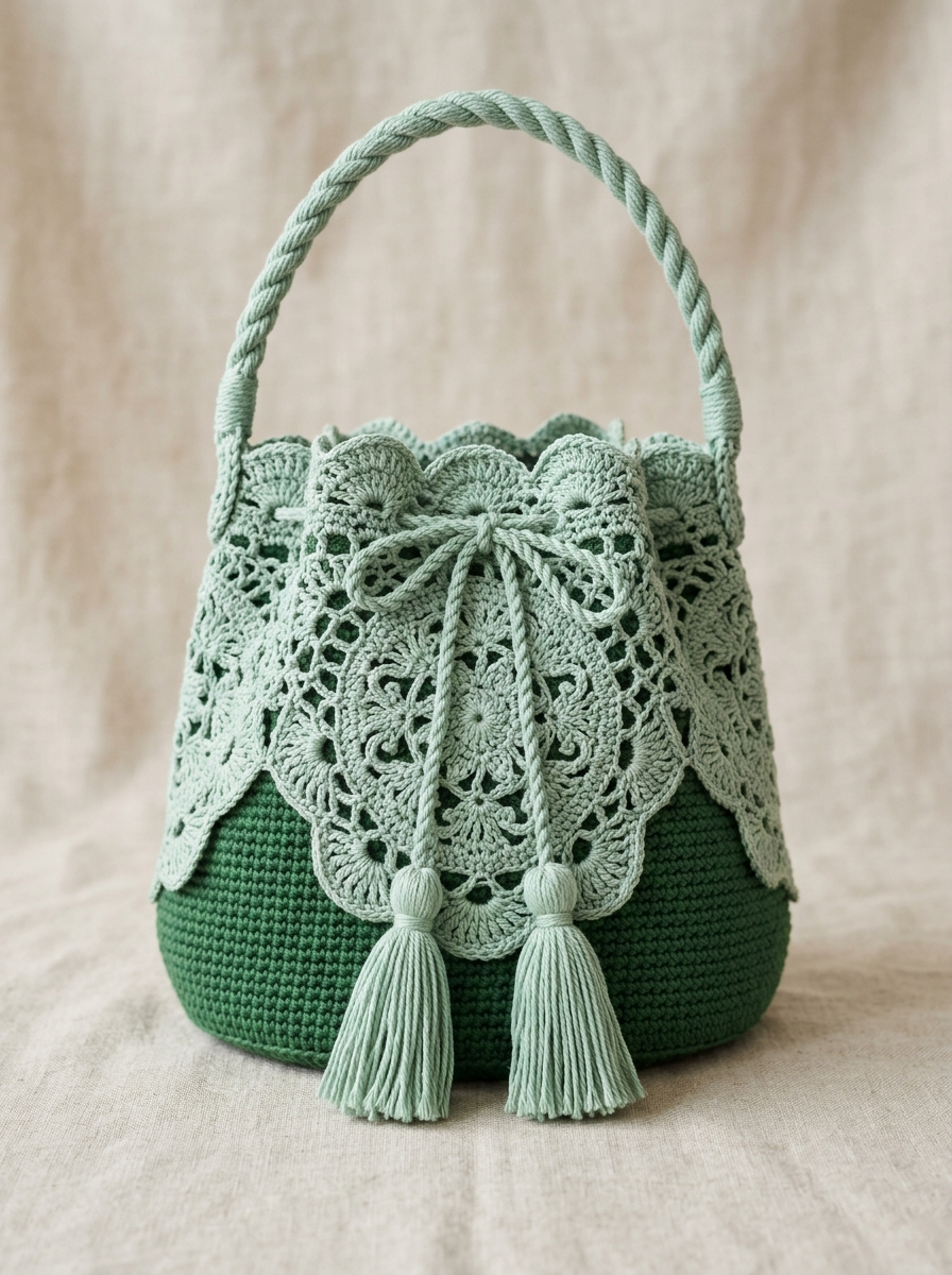 Sage Green Botanical Lace Bucket Bag