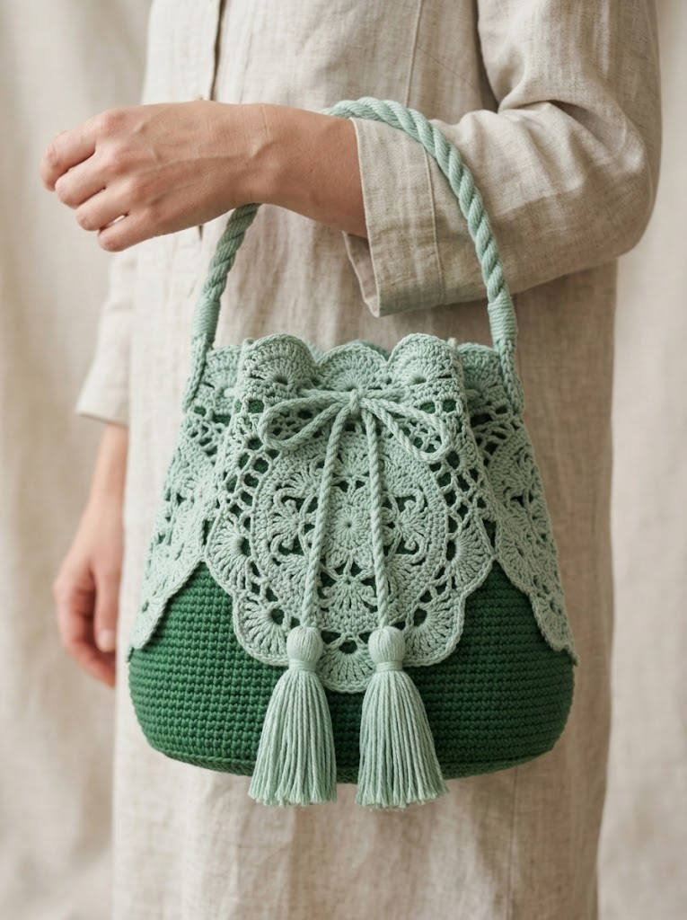 Sage Green Botanical Lace Bucket Bag Free Crochet Pattern
