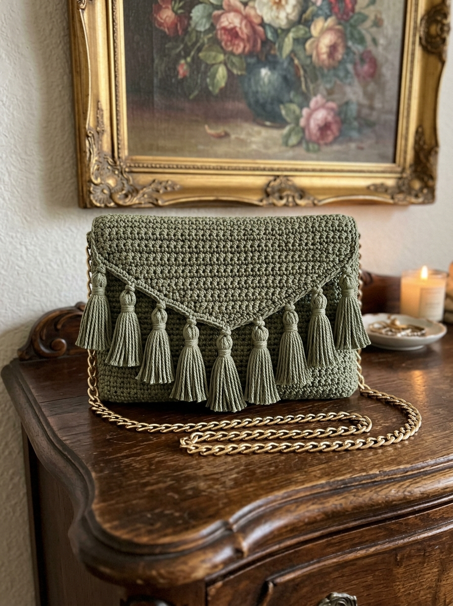 Sage Green Earthy Tassel Bag Free Crochet Pattern