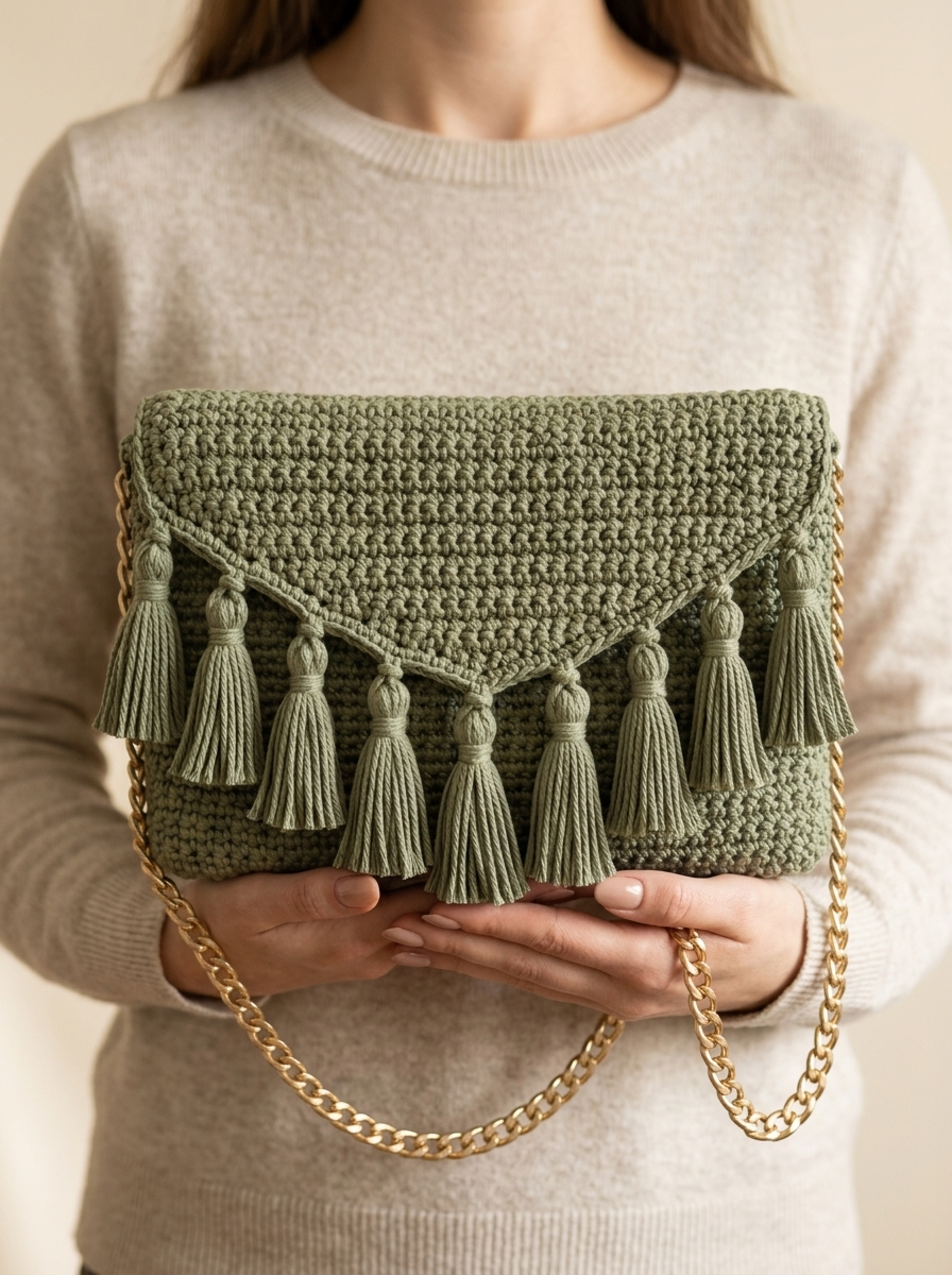 Sage Green Earthy Tassel Bag Free Crochet Pattern