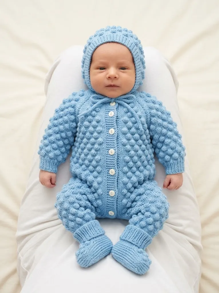 Sky Blue Bobble Stitch Baby Coverall Free Crochet Pattern