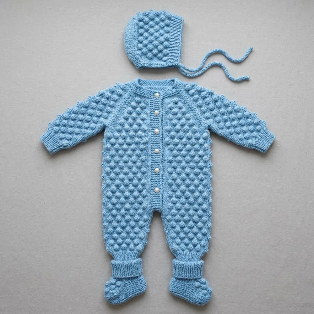 Sky Blue Bobble Stitch Baby Coverall Free Crochet Pattern