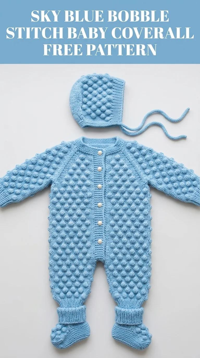 Sky Blue Bobble Stitch Baby Coverall Free Crochet Pattern