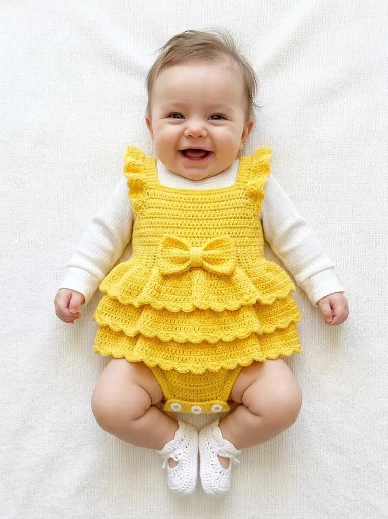 Sunshine Yellow Cheerful Baby Romper Free Crochet Pattern